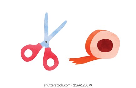 Hand Drawn Scissor And Tape Watercolor Illustration Isolated On White Background. Open Scissors With Red Handle Illustration. Scissors Clipart. Tape Clipart