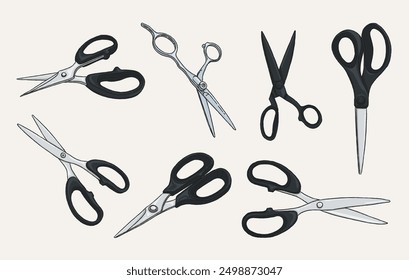 Hand drawn scissor vector set isolated on white background. Open or Closed Scissors doodle vector illustration. Hand-drawn colored and monochrome sketches of scissors. 