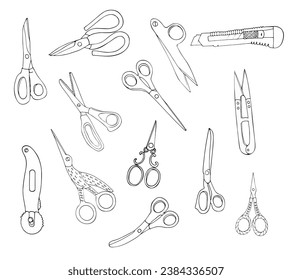Hand drawn scissors set, Isolated vector illustration on white background. Doodle style different types of scissors