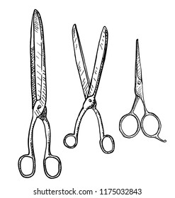 Hand drawn scissors set. Vector engraving illustration of scissors on white background.