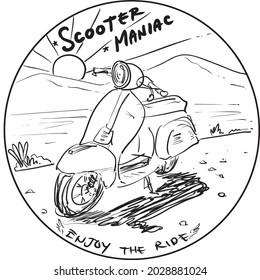 hand drawn scooter with landscape line art vector illustration. perfect for t-shirt design, design logo club, coloring book, illustration book, etc