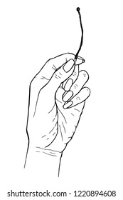 Hand drawn hand with scorched match. Vector line illustration