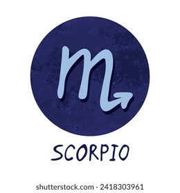 Hand drawn scorpio zodiac sign in blue round frame Astrology doodle clipart Element for design