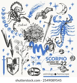 Ilustração desenhada à mão do signo do zodíaco de escorpião, fundo do horóscopo com símbolos da astrologia e talismãs. Roda zodíaco, planetas, sol, lua, constelações de estrelas, escaravelho, águia, escudo, espada.