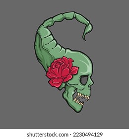 hand drawn scorpion headed skull, with red rose