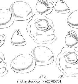 Hand drawn scrambled chicken eggs. Rural bird farming. Seamless pattern