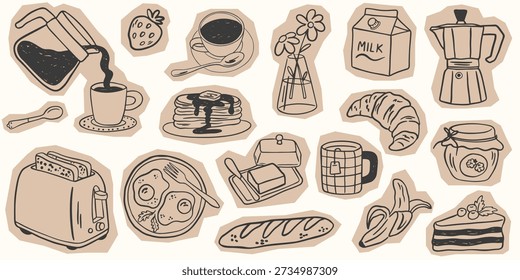 Hand drawn scrapbook collage breakfast element collection. Doodle food, coffee, la dolce vita breakfast set with beige craft tear paper. Vector torn line art elements for invitation, menu, party