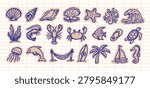 Hand drawn scrapbook nautical beach doodle and cute sea animal sticker set. Blue sketch line art on torn paper craft vector illustrations for vintage design