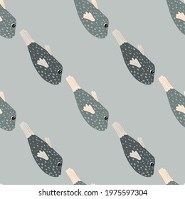 Hand drawn scrapbook seamless pattern in grey and blue fish elements print. Blue pastel background. Simple style. Designed for fabric design, textile print, wrapping, cover. Vector illustration.