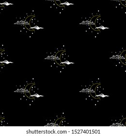 Hand Drawn Scratch Style Night Sky With Moon And Cloud Space,  Seamless Pattern Vector ,Design For Fashion , Fabric, Web, Wallpaper,wrapping And All Prints On Black Background Color