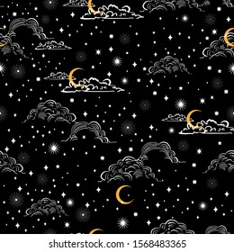 Hand drawn scratch style night sky with moon ,stars and cloud Space, Among stars seamless pattern vector ,Design for fashion , fabric, web, wallpaper,wrapping and all prints on black