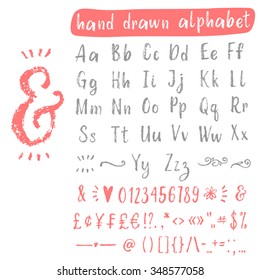Hand drawn scratch vector font with uppercase, lowercase letters, symbols and numbers.