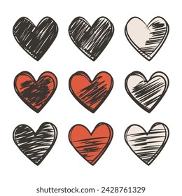 Hand drawn scratchy heart illustration set