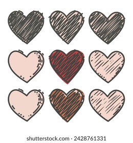 Hand drawn scratchy heart illustration set