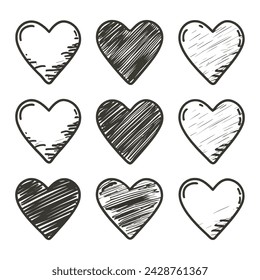 Hand drawn scratchy heart illustration set