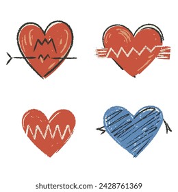 Hand drawn scratchy heart illustration set