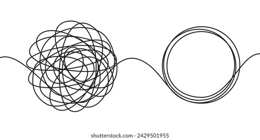 Hand drawn scrawl sketch or black line spherical abstract scribble shape. Vector chaotic doodle circle drawing of tangled thread or clew knot