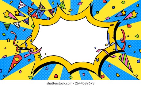 Hand Drawn Scream Bubble and Decoration, Pop Background Frame, Sunburst, Garland, Party Popper, Confetti, Comic Style