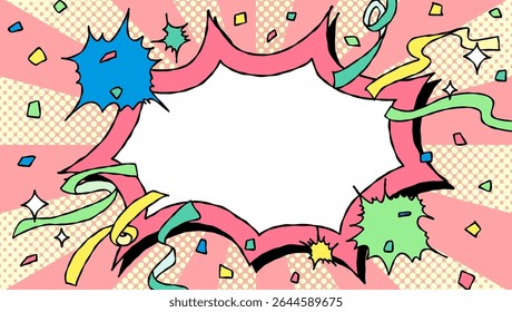 Bolha de Grito Desenhado à Mão e Decoração, Quadro de Fundo Pop, Sunburst, Fita, Confete, Estilo de Quadrinhos