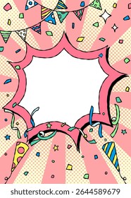 Bolha de Grito Desenhado à Mão e Decoração, Quadro de Fundo Pop, Sunburst, Garland, Party Popper, Confete, Estilo de Quadrinhos, Vertical