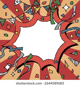 Hand Drawn Scream Bubble and Decoration, Pop Background Frame, Sunburst, Ribbon, Garland, Confetti, Comic Style, Christmas Color, Square Size