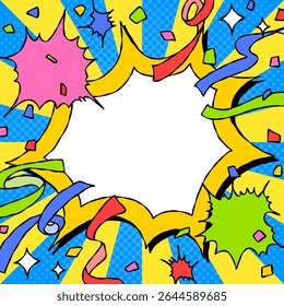 Bolha de Grito Desenhado à Mão e Decoração, Quadro de Fundo Pop, Sunburst, Fita, Confete, Estilo de Quadrinhos, Tamanho Quadrado