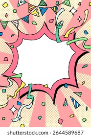 Bolha de Grito Desenhado à Mão e Decoração, Quadro de Fundo Pop, Sunburst, Fita, Garland, Confetes, Estilo de Quadrinhos, Vertical