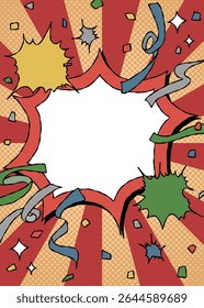 Hand Drawn Scream Bubble and Decoration, Pop Background Frame, Sunburst, Ribbon, Confetti, Comic Style, Christmas Color, Vertical