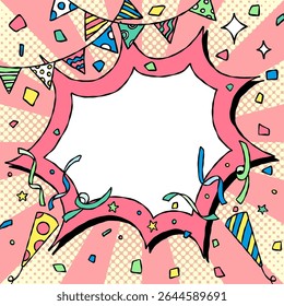 Bolha de Grito Desenhado à Mão e Decoração, Quadro de Fundo Pop, Sunburst, Garland, Party Popper, Confete, Estilo de Quadrinhos, Tamanho Quadrado