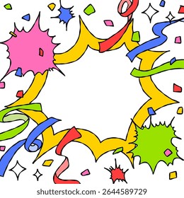 Bolha de Grito Desenhado à Mão e Decoração, Quadro de Fundo Pop, Sunburst, Fita, Confete, Estilo de Quadrinhos, Tamanho Quadrado