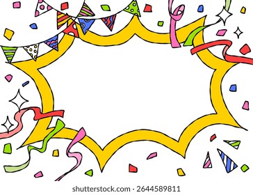 Bolha de grito desenhada à mão e decoração, Quadro de fundo pop, fita, guirlanda, Confete, estilo cômico