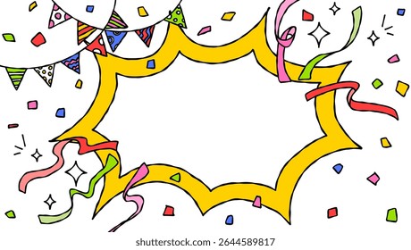 Bolha de grito desenhada à mão e decoração, Quadro de fundo pop, fita, guirlanda, Confete, estilo cômico