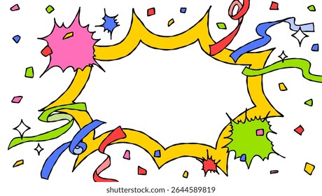Bolha de Grito Desenhado à Mão e Decoração, Quadro de Fundo Pop, Sunburst, Fita, Confete, Estilo de Quadrinhos