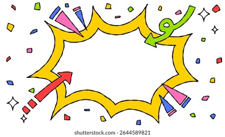 Bolha de Grito Desenhado à Mão e Decoração, Quadro de Fundo Pop, Seta, Confete, Estilo de Quadrinhos
