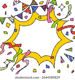 Bolha de Grito Desenhado à Mão e Decoração, Quadro de Fundo Pop, Fita, Garland, Confetes, Estilo de Quadrinhos, Tamanho Quadrado