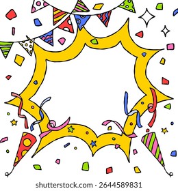 Bolha de Grito Desenhado à Mão e Decoração, Quadro de Plano de Fundo Pop, Garland, Popper de Festa, Confete, Estilo de Quadrinhos, Tamanho Quadrado