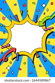 Bolha de Grito Desenhado à Mão e Decoração, Quadro de Fundo Pop, Sunburst, Seta, Confete, Estilo de Quadrinhos, Vertical