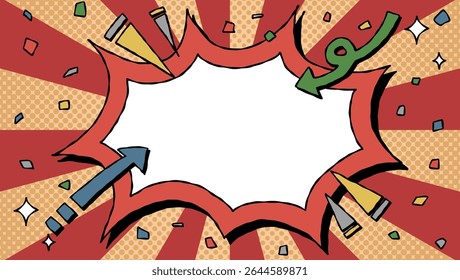 Hand Drawn Scream Bubble and Decoration, Pop Background Frame, Sunburst, Arrow, Confetti, Comic Style, Christmas Color