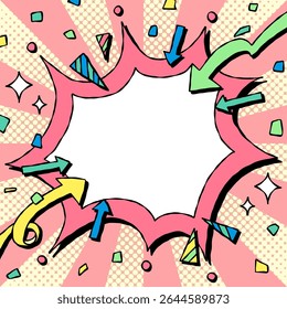 Hand Drawn Scream Bubble and Decoration, Pop Background Frame, Sunburst, Arrow, Confetti, Comic Style, Square Size