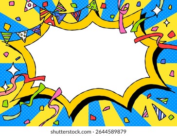 Hand Drawn Scream Bubble and Decoration, Pop Background Frame, Sunburst, Ribbon, Garland, Confetti, Comic Style