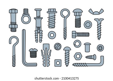 Hand drawn screw, bolts, fasteners. Bolts, screws, nuts, dowels and rivets in doodle style. Hand drawn building material. Vector illustration isolated on white background.