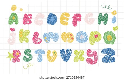 Letras de garabato dibujadas a mano. Perfecto para carteles infantiles, hojas de trabajo, decoración del aula, pegatinas, álbumes de recortes, invitaciones y proyectos educativos creativos.