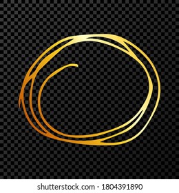 Hand drawn scribble circle.  Gold doodle round circular design element on dark transparent background. Vector illustration