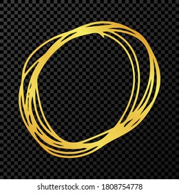 Hand drawn scribble circle.  Gold doodle round circular design element on dark transparent background. Vector illustration