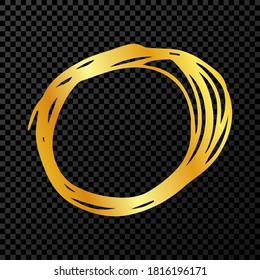 Hand drawn scribble circle.  Gold doodle round circular design element on dark transparent background. Vector illustration
