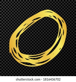 Hand drawn scribble circle.  Gold doodle round circular design element on dark transparent background. Vector illustration