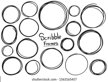 hand drawn scribble circle lines. Doodle circular logo design sketch isolated elements.