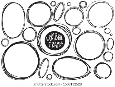 hand drawn scribble circle lines. Doodle circular logo design sketch isolated elements.