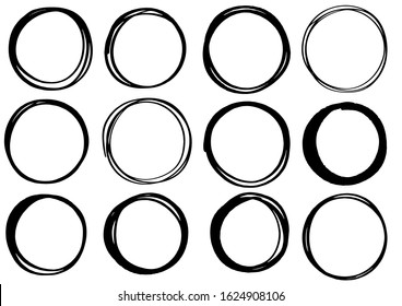 hand drawn scribble circle lines. Doodle circular logo design sketch isolated elements.