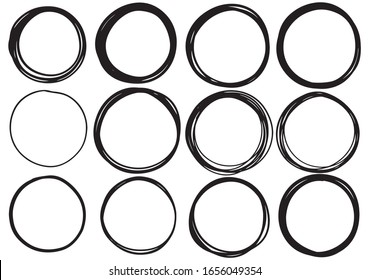 hand drawn scribble circle lines. Doodle circular logo design sketch white background abstract isolated elements.